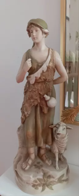 Large antique Royal Dux porcelain figurine depicting a Shepherdess With Lamb