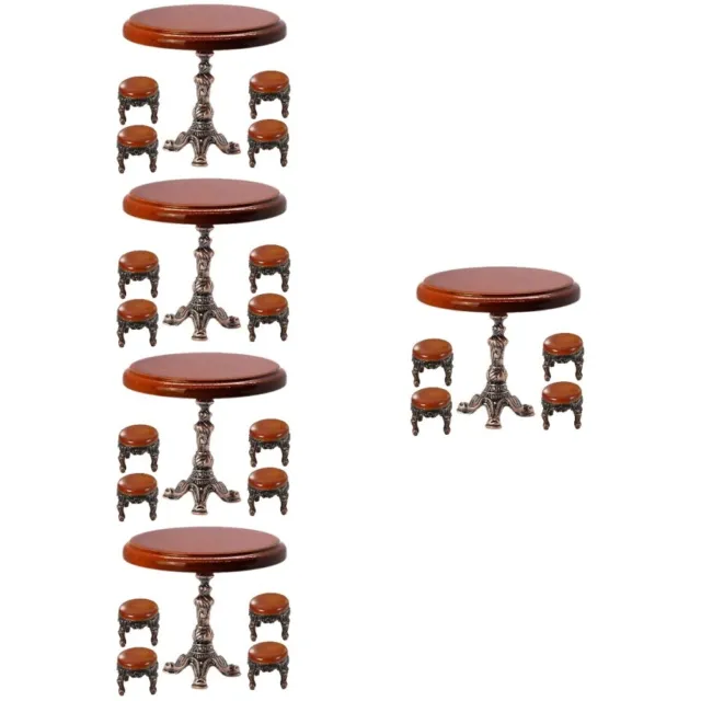 5 Sets of Miniature Wooden Round Table Dollhouse Side Table Stools Dollhouse