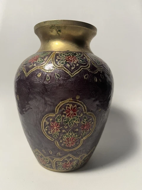 Vintage Brass and Brown Enamel Painted Vase 7" solid brass made in India