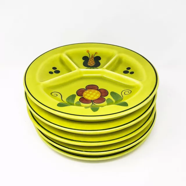 Schramberg SMF Fondue Plates Set Of 5 Green Floral  Dec. Lenz Vintage Germany