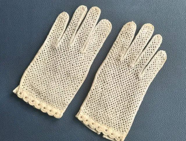 Damen Handschuhe VINTAGE  Leder/Strick cremeweiß Gr. 7/7,5 mit Perlenrand