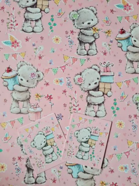 2 Sheets Of Thick Cute Bear Birthday Wrapping Paper With 2 Matching Gift Tags