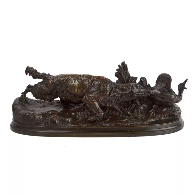 "Spanish Griffon Dog Seizing Duck” Rare Bronze Sculpture by Pierre Jules Mene