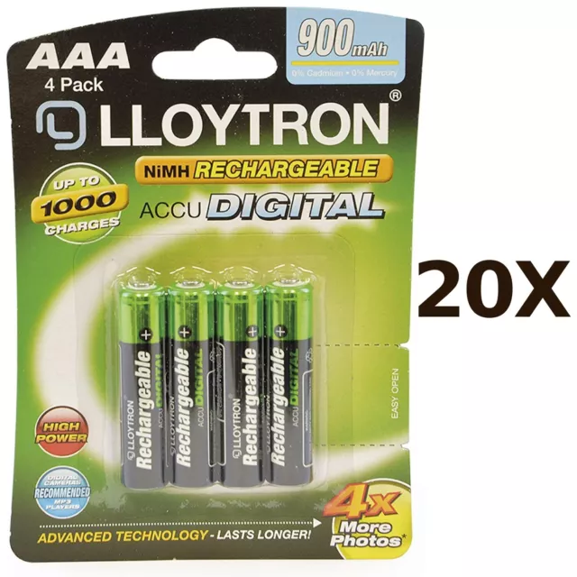 20X Lloytron 900mAh NiMH AAA wiederaufladbare AccuDigital Batterien B015 - 4er-Pack