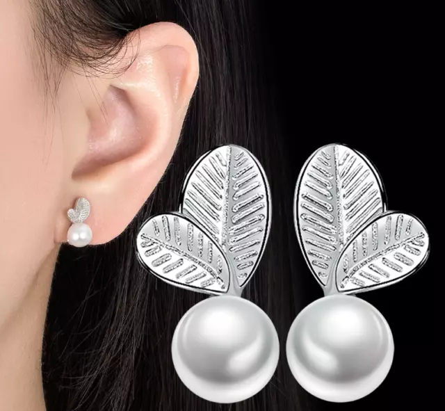 925 Sterling Silver Heart Leaf Pearl Drop Ear Stud Earrings Women Lady Jewellery