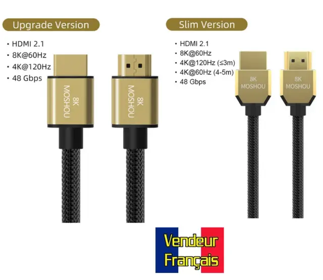 Câble 2.1 HDMI 8K -8K@60HZ 4K@120HZ- 48 Gbit/s - eARC-HDR10-4320P - 1m50 ou 50cm