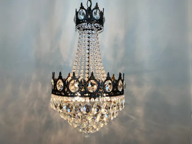 Antique Vintage French Basket Style Bras Crystal Chandelier Lamp Lighting 1960's