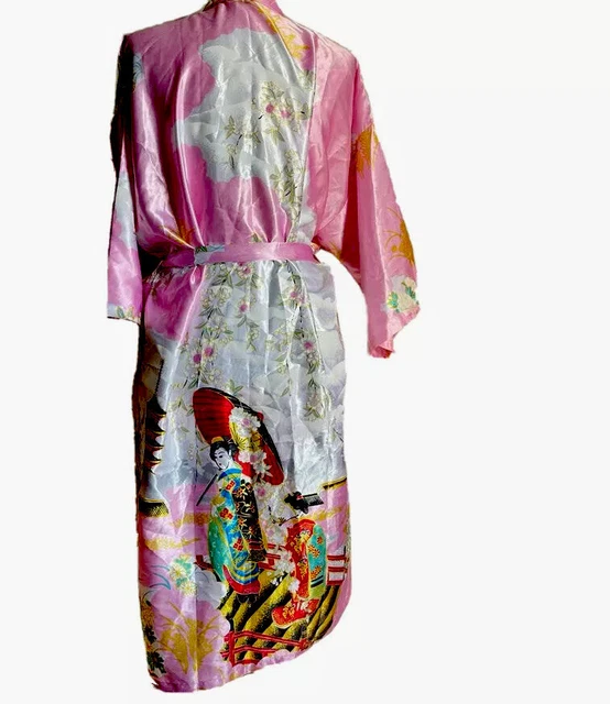 Vtg Japanese Maxi Kimono Robe Duster Pink Geisha Print Silk  Artisan Handcrafted