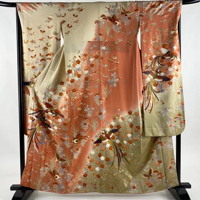 Japanese Silk Kimono Robe Vintage Furisode Long Sleeves Gold Beige Flower Bird