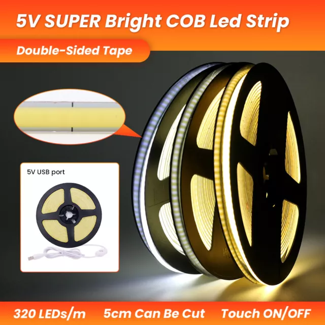 320 LED COB Streifen 5V 12V 5mm Leiste Band Stripe Lichterkette Selbstklebend DE 3