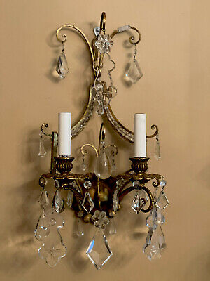 PAIR Antique Vintage French Italian Crystal Beaded Gilt Metal Wall Sconces
