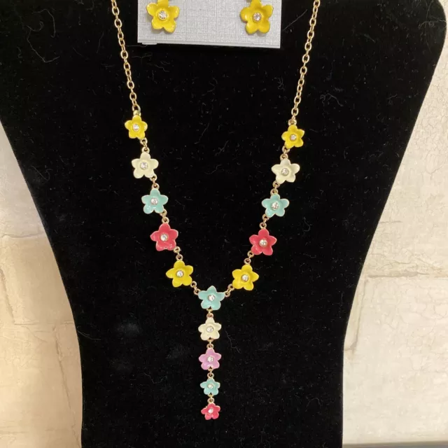 Liz Claiborne Necklace Earrings Set LC Flower Gold Tone Yellow Pastel New 3