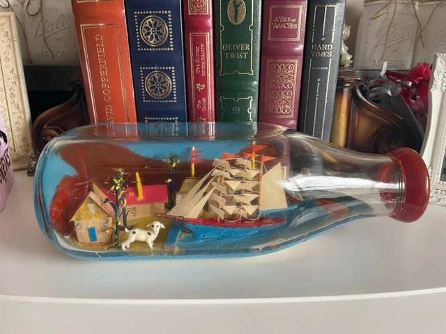 Vintage Newfoundland Folk Art Ship in a MILK Bottle with Homestead