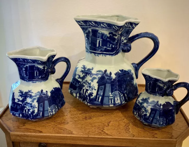 Set Of 3 Vtg Victoria Ware Ironstone Blue/ White Pitchers 9.75”, 7” & 5.5” EUC