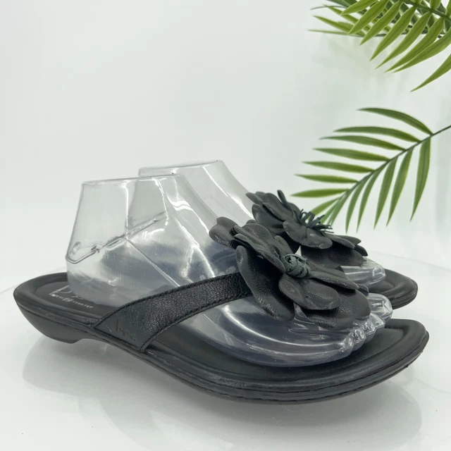 Born Women's Slide Sandal Size 10 Black Leather Wedge Flip Flop Floral Opanka