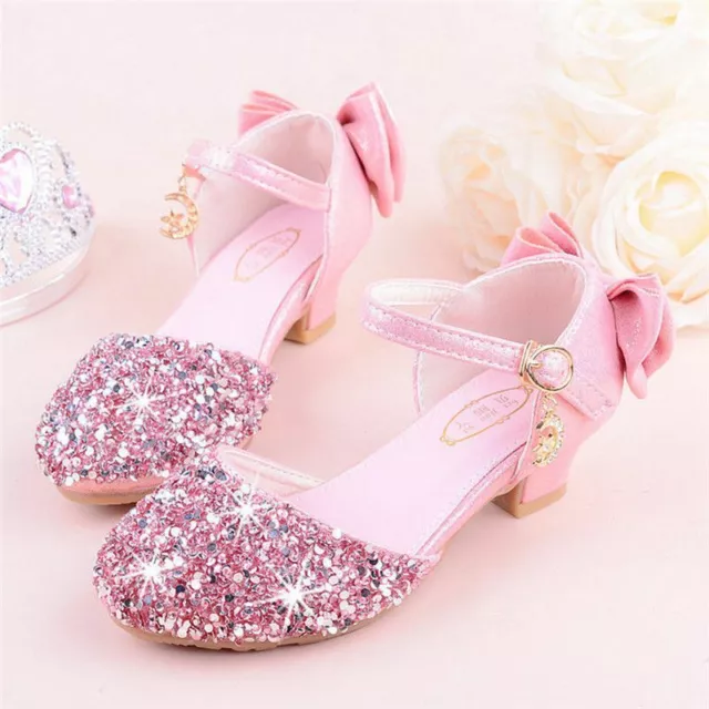 Kid Girls Princess Dress Glitter Sequin High Heels Sandals Shoes Size UK Party 2