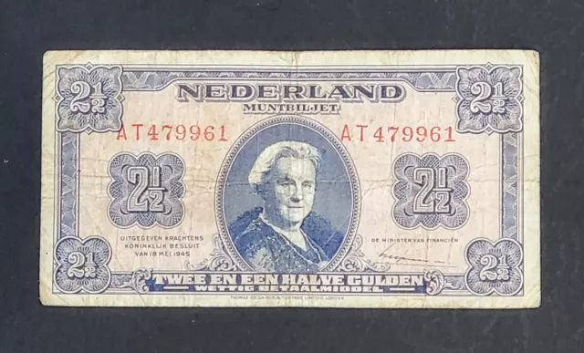 Netherlands 1945 2 1/2 Gulden Banknote Queen Wilhelmina Pick-#71