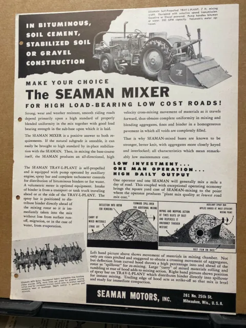 Vtg Seaman Motors Inc Catalog Insert ~ Mixer Road Paving Trav-L-Plant 1956