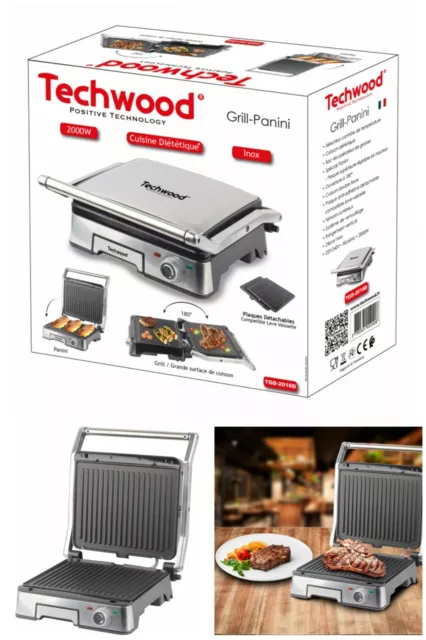 Grill Viande INOX  180° Détachable 2000W Plaque anti-adhésive Cuisson diététique