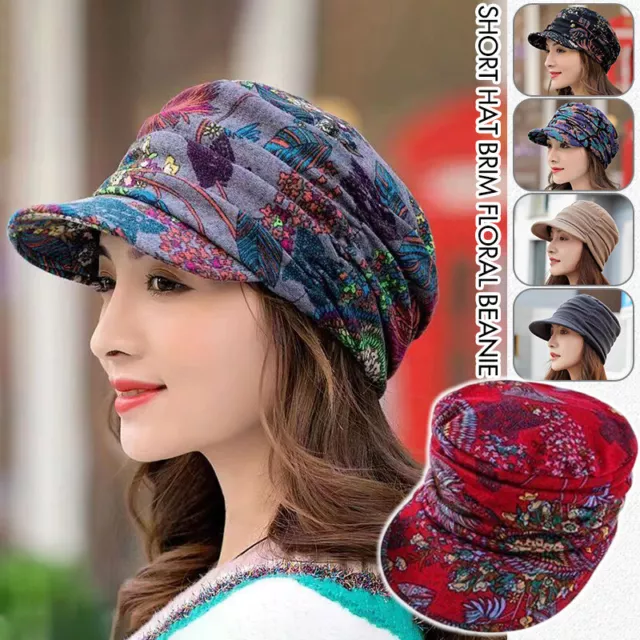 Women Printed Hat Hair Loss Chemo Headwear Berets Beanie Peaked Short Brim Cap