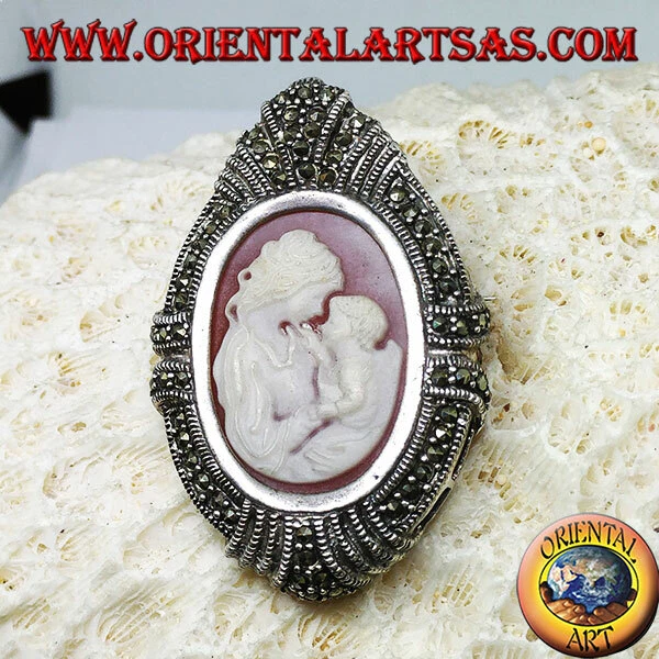 Broche Camée Ancienne En Argent 800 - Représente Vierge Marie Et Jésus, Fermoir Cassé Mais Fonctionnel