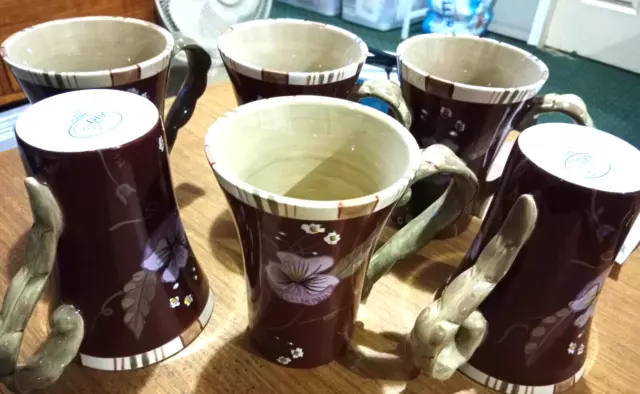 Living Art  *Pansies* Hand Painted Coffee Mugs X 6 - 400ml Large. Gorgeous !!!