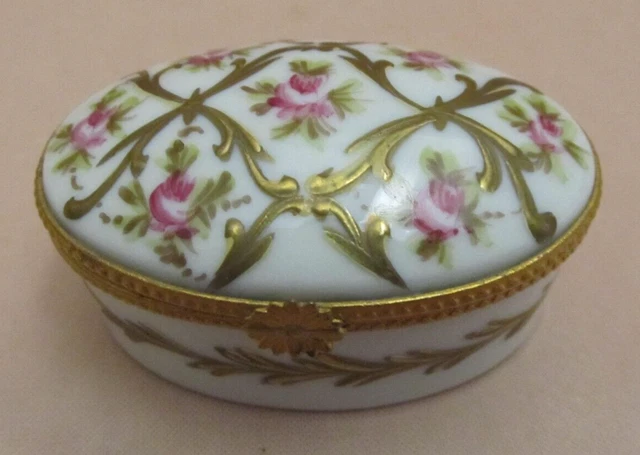 Boîte à Bijoux Ancienne En Porcelaine Du Portugal - Décor Roses Et Dorures - Coffret Vintage - Occasion