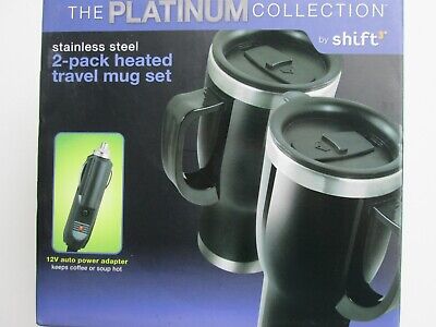 Heated Travel Mug Set Stainless Steel 2-Pack W/ 2 12V Auto Power Adapters Black