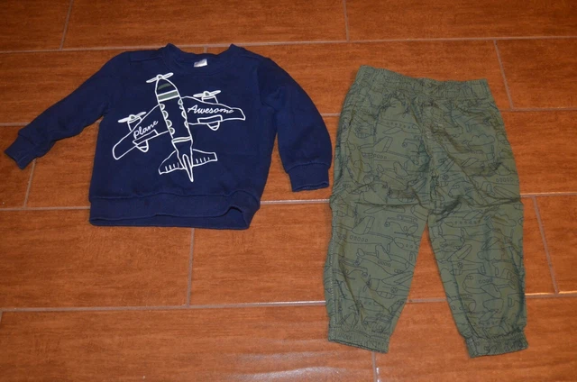 Carters Baby Boy's Two Piece Navy and Green Airplane Sweatshirt and Pant Set 18M