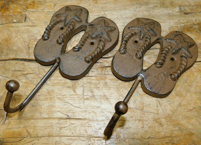 2 Cast Iron Antique Style FLIP FLOP Towel Coat Hooks Hat Hook Rack BEACH SANDLES
