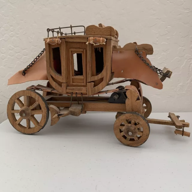 Vintage Stagecoach Scale Model Hand Made; Wood, Leather Great Details!