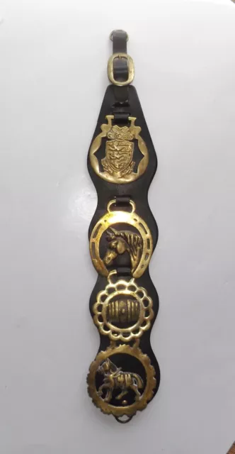 Vintage English Brass Horse Halter Medallions On 18" Leather Strap Belt