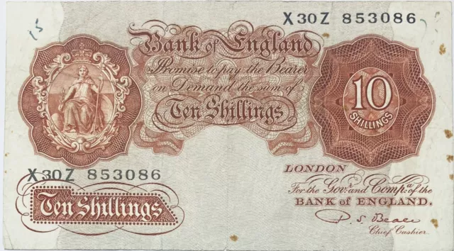 1949 British (England) 10 English Shillings Old Banknote - ½ Pound Beale Uk Gb