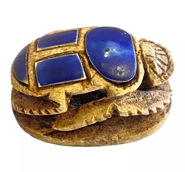 Antique Stone Scarab Kheper Beetle Amulet Figurine Ancient Egyptian w Lapis Blue