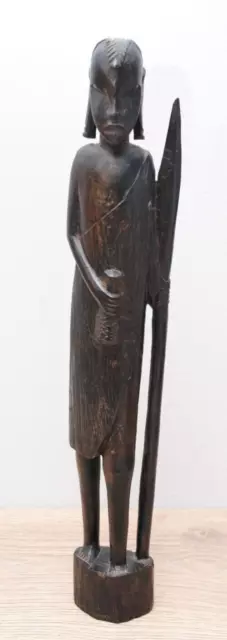 Hand Made Wood Carved 38cm Tall African Art Figure With Spear And Bottle