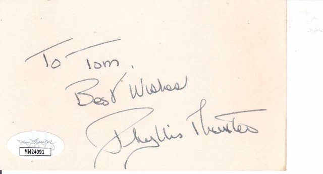 PHYLLIS THAXTER d 2012 Signed To Tom 3x5 Index Card Actress/Superman JSA MM24091