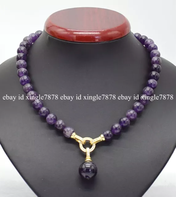 Genuine 10mm Natural Amethyst Round Gemstone Beads Pendant Necklace 20" AAA+