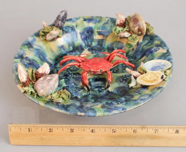 Signed Vintage Portuguese Majolica Pottery Palissy Ware CRAB Shellfish Charger