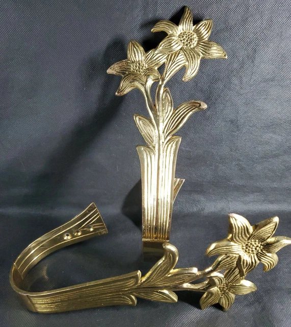 . Vtg Brass Curtain Holder Brackets Floral Theme Set Towl Tiebacks Large 10.5"