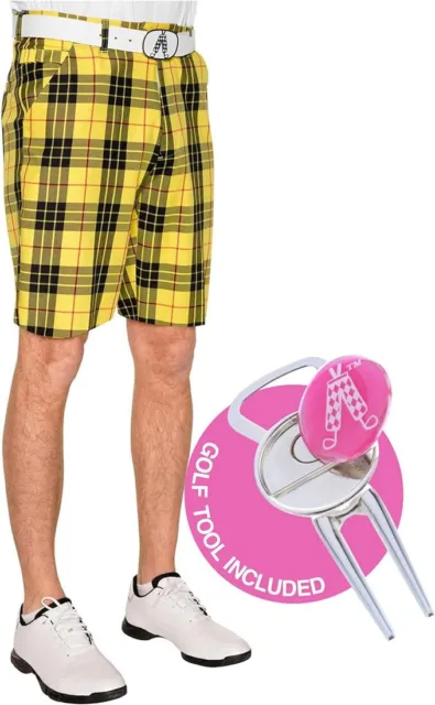 Royal and Awesome Men`s Golf Shorts Loud MacLeod Yellow Tartan + Tool W 30 - 44