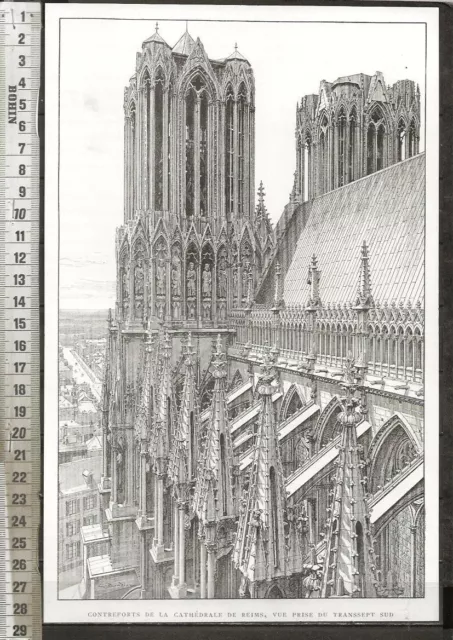 G522 / Gravure /  Contreforts De La Cathedrale De Reims Vue Du Transsept Sud