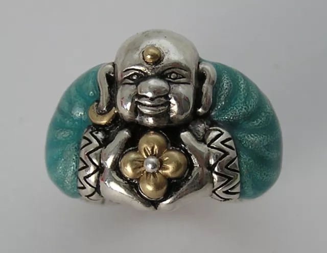 Awesome Barbara Bixby Sterling Silver & 18K Gold Buddha Turquoise Enamel Ring s5