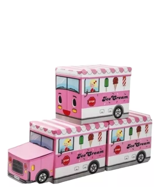 Almacenamiento en forma de automóvil otomano con tapas Happy Hippo para niños. Camión de helados rosa.