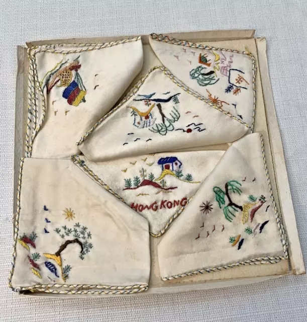 BOX OF 6 Ladies Silk? HANDKERCHIEFS Hong Kong Embroidered Oriental ...