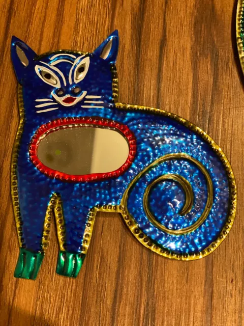 Mexican tin ornaments - 3 Cat mirror ornaments - Mexican art, cat art 2