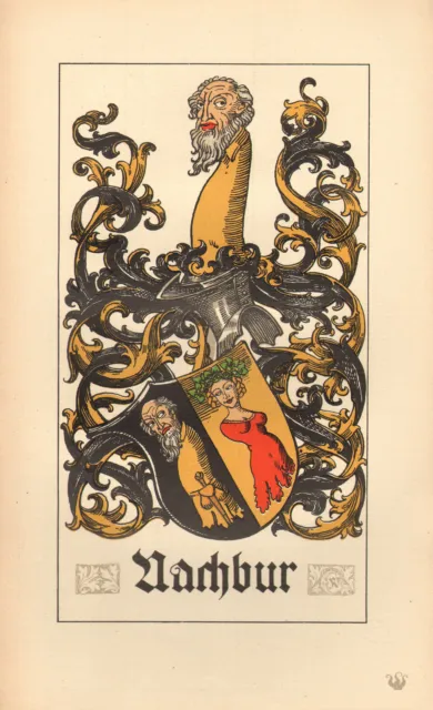 1880 Armorial Family Crest Print ~ Nachbur ~ Basel