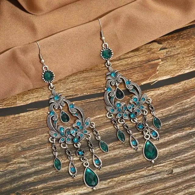 Teal Blue Textured Bohemian Long Tassel Vintage WaterDrop Earrings Women Fashion