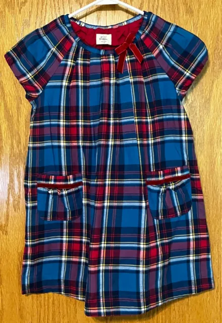 Mini Boden Girls Blue Red Yellow Plaid Short Sleeved Flannel Dress 7 8 Pockets