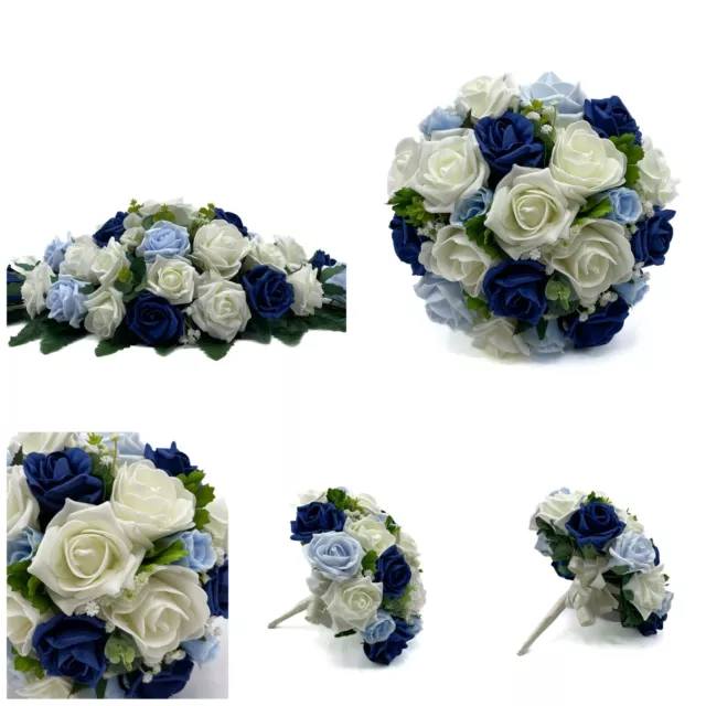 Pacchetto bouquet fiori matrimonio artificiali blu navy bambino blu avorio rosa posy