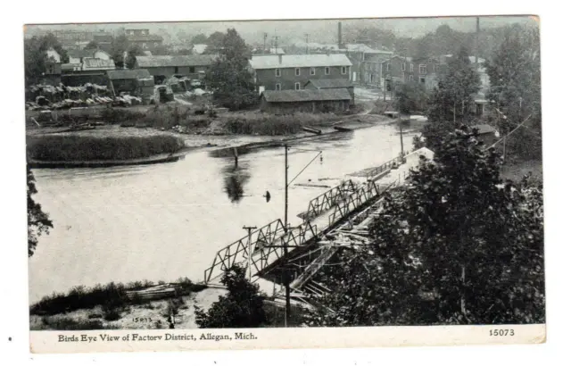 MI - ALLEGAN MICHIGAN 1912 Postcard BIRD'S EYE VIEW FACTORY DISTRICT BRIDGE